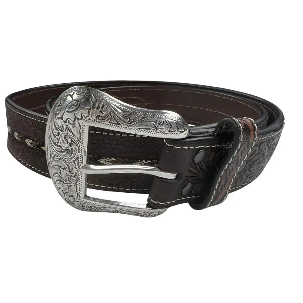 Ariat Tooled Leather Western Embroidered Belt Large Silver Buckle Size 44